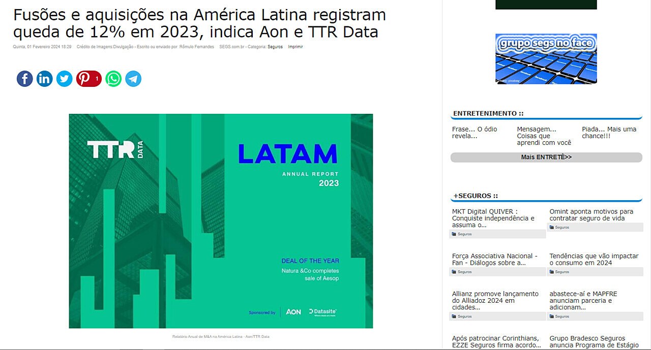 Fuses e aquisies na Amrica Latina registram queda de 12% em 2023, indica Aon e TTR Data